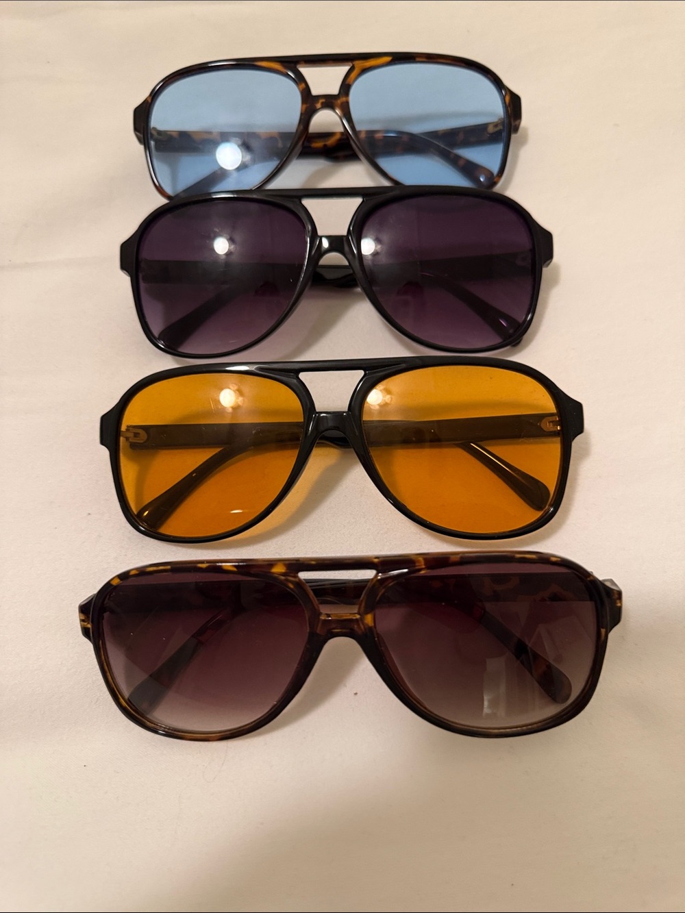 Set of 4 Aviator Sunglasses in Tortoiseshell, Black, Blue, Yellow Lenses Lot